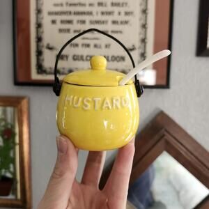 Vintage Enesco Ceramic Condiment Jar Mustard with Lid & Spoon Yellow